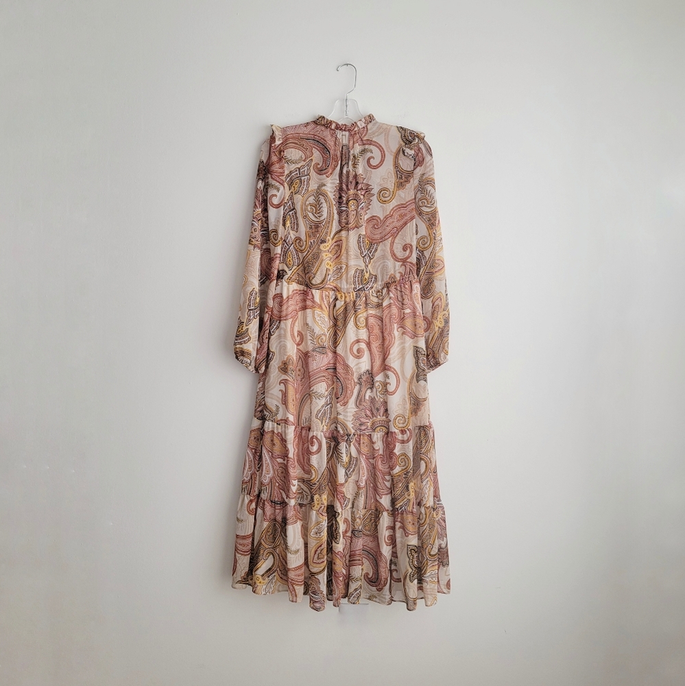 JUILA JORDAN Tiered Brown Chiffon Paisley Jacquard Midi Dress - Picture 7 of 7